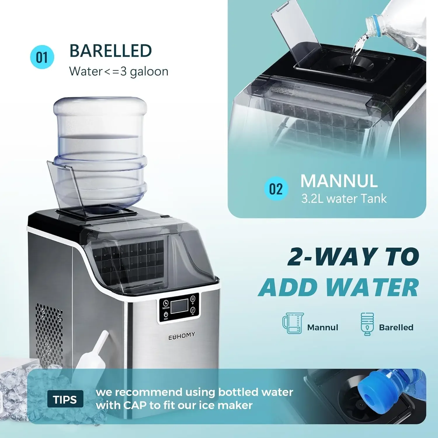 Ice Cube Maker Machine Countertop, 2 Ways to Add Water, 45Lbs/Day 24 Pcs Ready in 13 Mins, Self-Cleaning Portable Compact, with 3