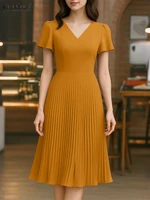 ZANZEA 2025 Summer Dress Women V Neck Solid Pleated Sundress Short Sleeve A Line Party Vestidos Robe Elegant Office Work Dresses