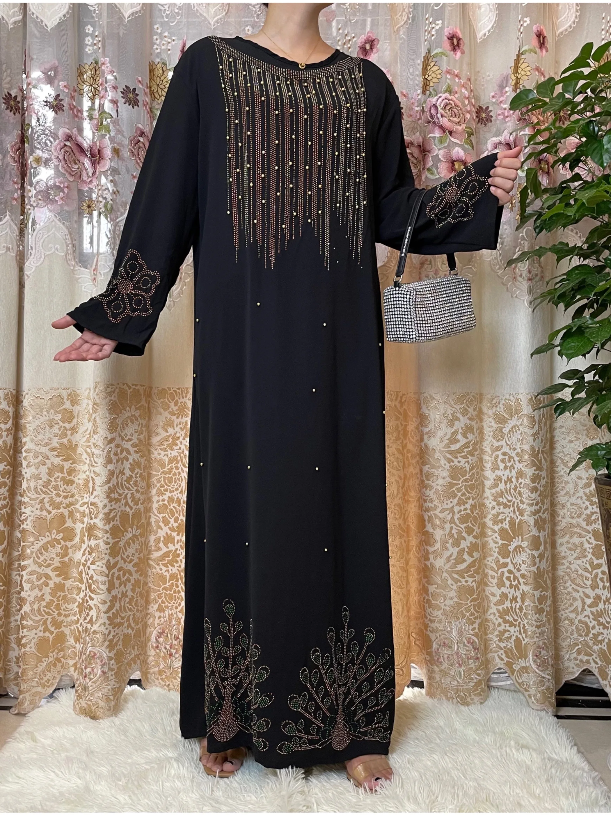 2022Abaya Voor Vrouwen Dubai Turkse Stones Shiny Lange Mouwen Kaftan Jurken Afrikaanse Moslim Islamitische Diamanten Kleding Party Gown