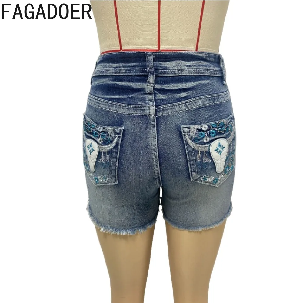 FAGADOER Summer New Retro Embroidery Denim Shorts Women High Waist Button Pocket Shorts Fashion Female Slim Cowboy Bottoms 2024