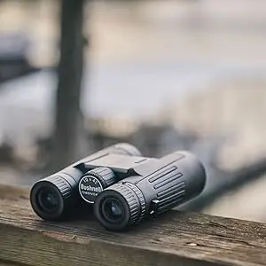 Bushnell Powerview 2 Binoculars sitting on wood railing