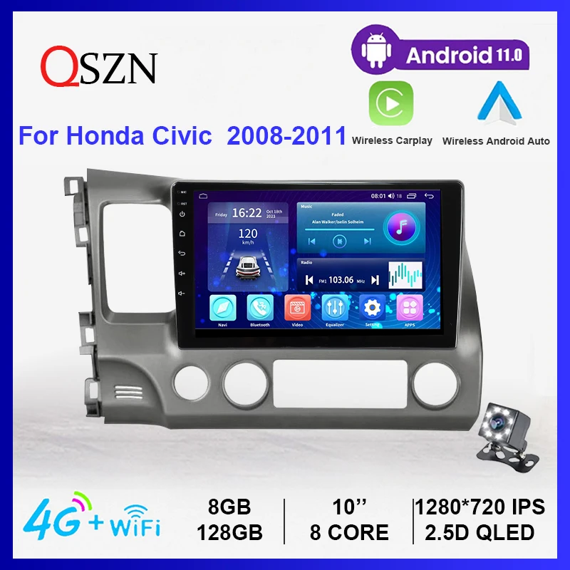 Автомобильный мультимедийный плеер 8 + 128G GPS для Honda Civic 2008-2011 Android 11 DSP IPS Carplay Радио