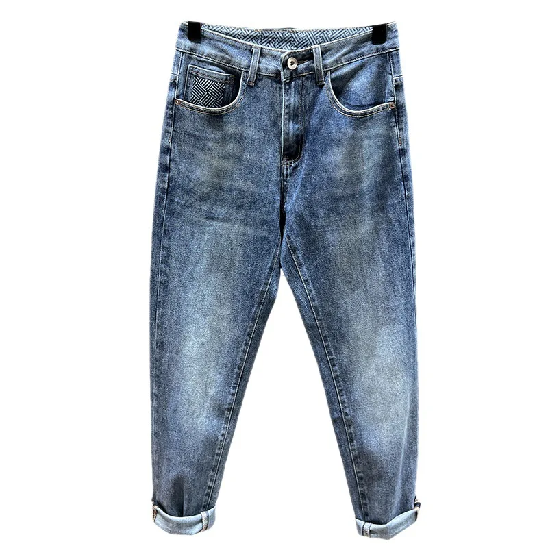 Summer Blue Men'S Jeans Fashion Brand Loose Nine-Point Pants Trend Plankton Handsome Ripped Casual Straight Leg Men'S Pants