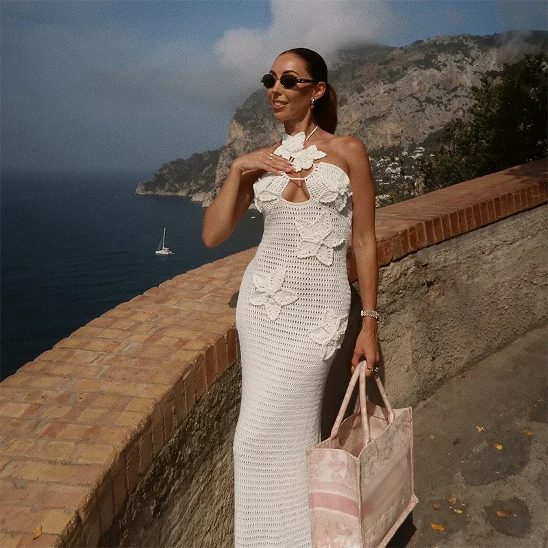Sexy Knitted 3d Flower Halter Long Dress Women Crochet Hollow Out Sleeveless Blue Maxi Dresses New Lady Beach Vacation Robe