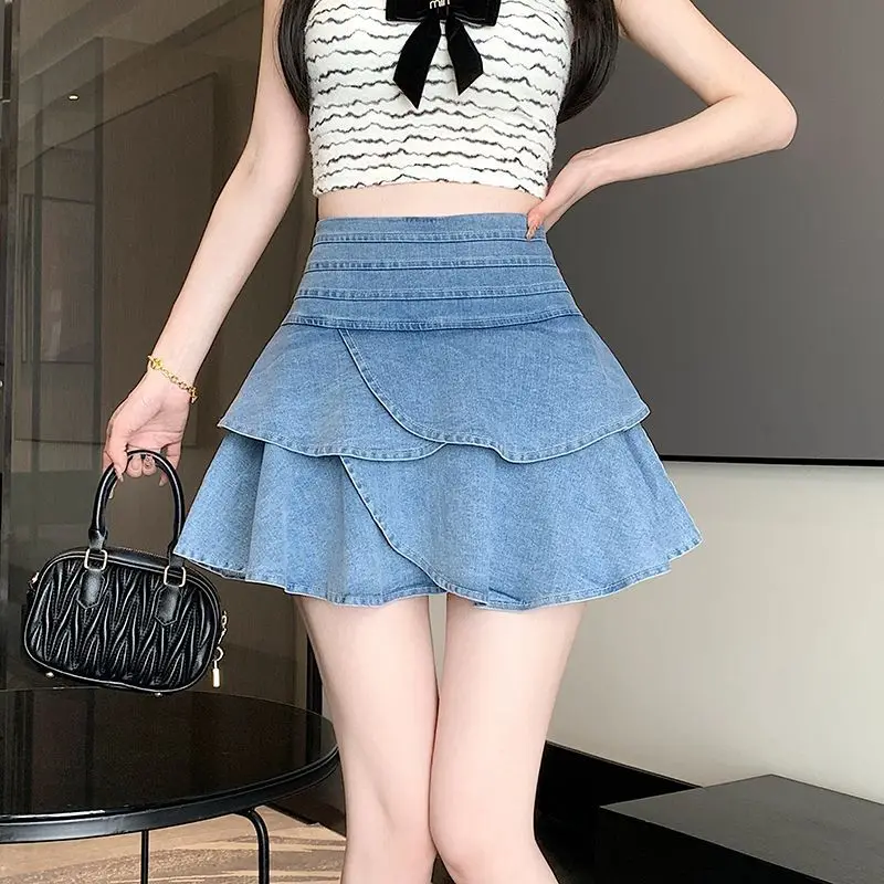 Denim Short Skirt Ruffled High Waist Slim Cake Skirt Women Summer 2024 New Korean Style Versatile Short Skirt Skirt