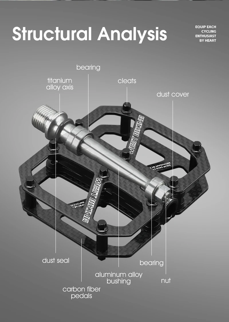 WEST BIKING Pedali Piattaforma Fibra Di Carbonio 3 Cuscinetti: Asse 9/16 Per MTB E Bici Da Strada