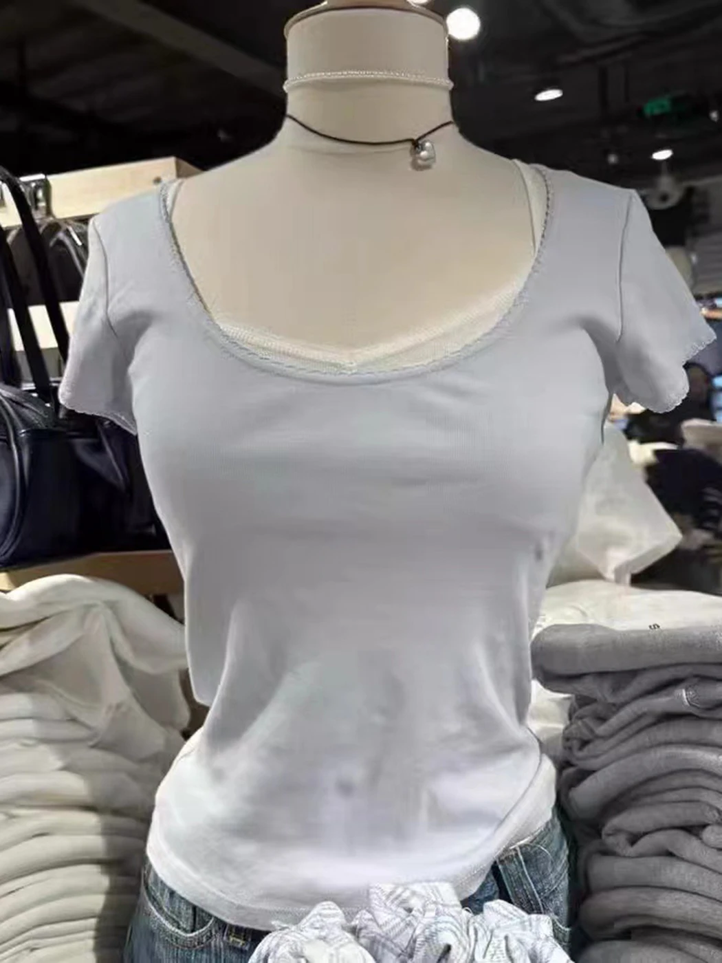 

Lace Trim Square Collar T-Shirt Women Summer Clothes 2024 Short Sleeve Tees Tops Girls Youthful 2000s Y2K Trending T-Shirts