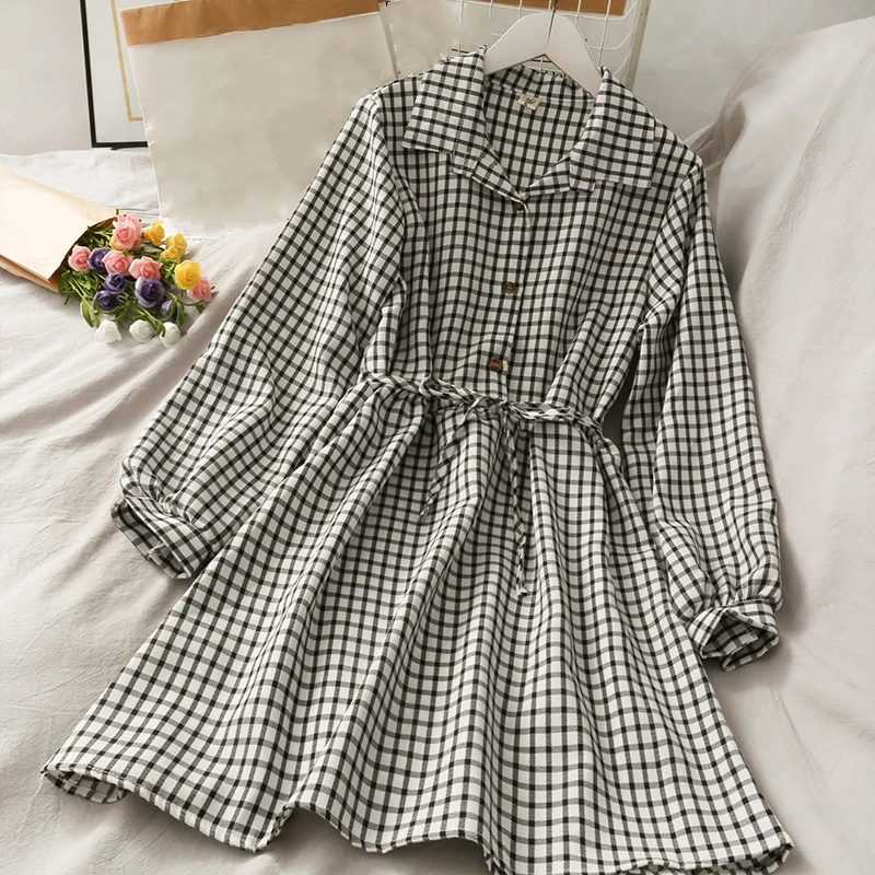 

Summer Women Tum-Down Dress Casual Harajuku Lace-Up Slim A-Line Dresses Ladies Buttons Plaid Shirt Vestidos Female