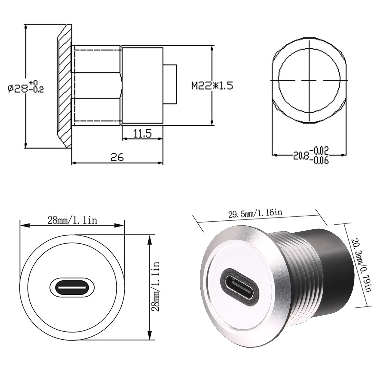 USB Cable Adapter USB USBC type C Typec Female to Female F-F Panel Mount Extention Round Metal Adapter