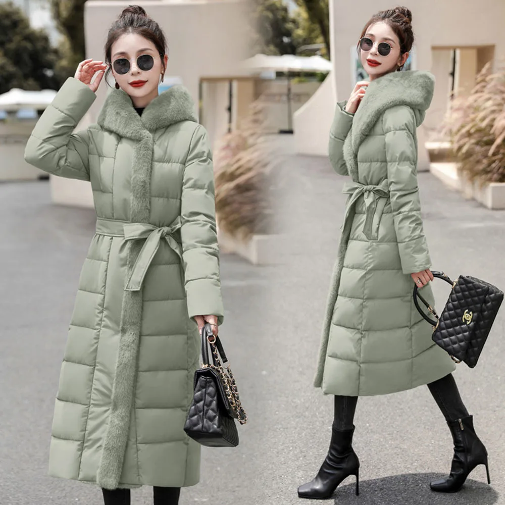 

2023 Winter Long Cotton Padding Jacket Women Korean New Knee Length Down Cotton Coat Female Fur Splice Thicken Warm Hooded Parka