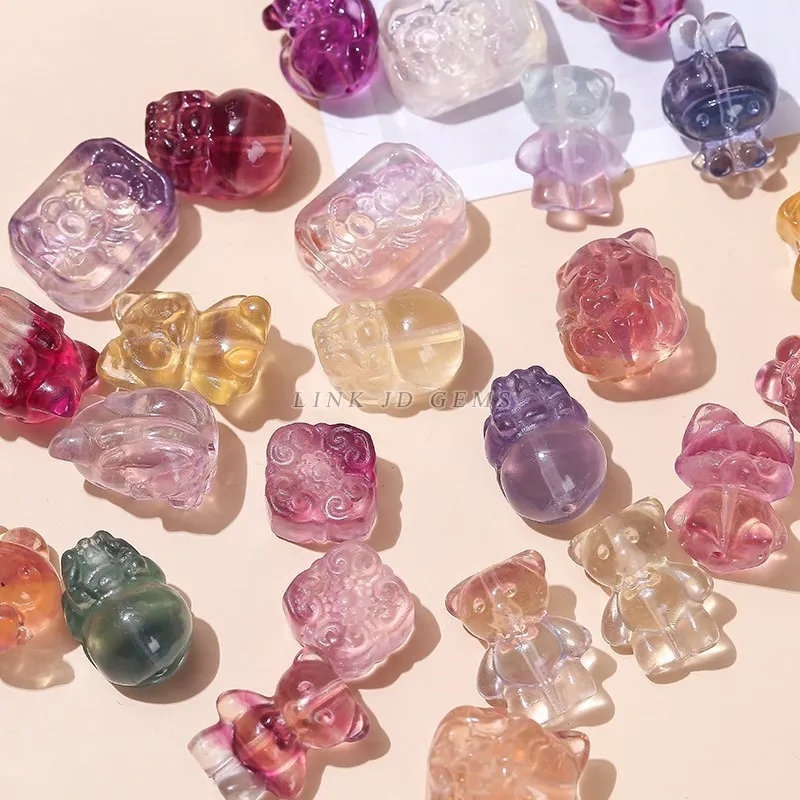 10Pcs/lot Natural Fluorite Crystal Carved Animals Shape Wealth Square Flower Lucky Pixiu Cute Bead With Hole For Jewelry Making 5