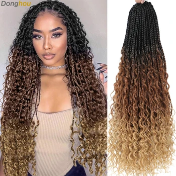 14 18 24 Inch Boho Box Braids Crochet Braids Curly Ends 1B 30 27 #4 Bug 8 Colors Ombre Goddess Bohemian Box Braids Crochet Hair 1