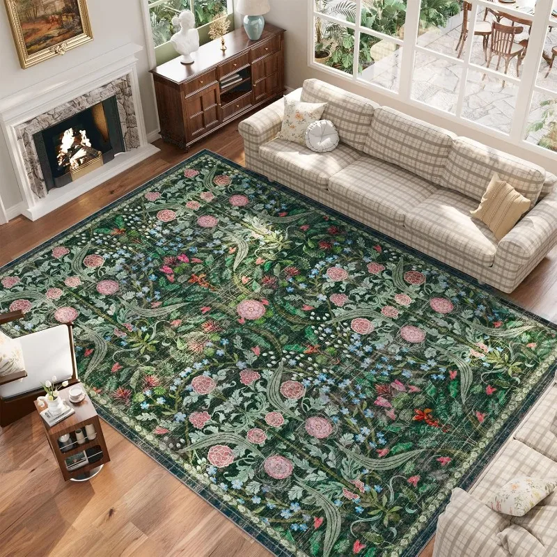 Floral Living Room Carpet European Retro Luxury Bedroom Rug Machine Washable Foldable Non-Slip Home Decoration Cloackroom Mat 러그