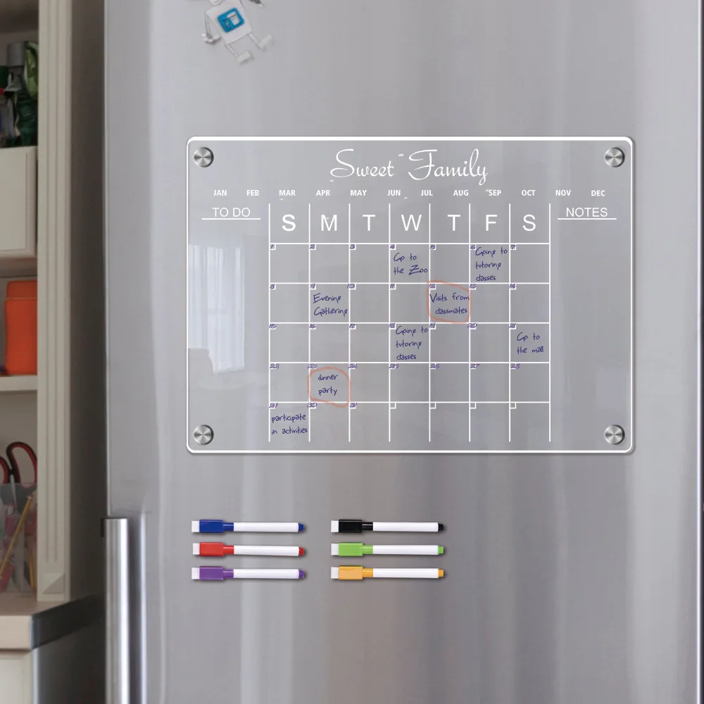 Acrylic Fridge Calendar L Clear 2 Set Acrylic Calendar Planner Board for Refrigerator | Eco-Friendly Whiteboard 16 x 12 Inches, Calendar Dry Erase