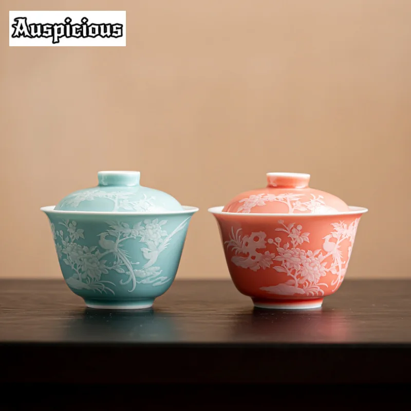 Chinese Handmade Flower Stacking Gaiwan Tea Tureen 120ml Chinese Set Ornaments Household Tea Brewing Cover Bowl