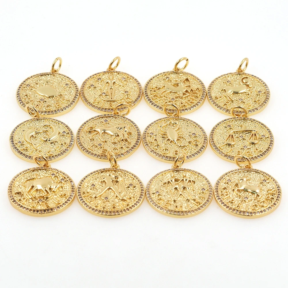 New Twelve Constellation Pendant Necklace CZ Gold Plated Charm Zodiac Metal Astrology DIY Keychain Jewelry Accessories For Women 3