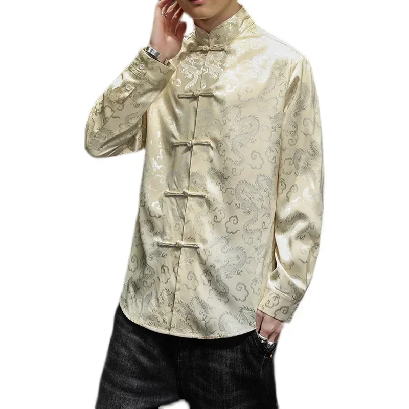 Men Chinese Style Shirt Buckle Elegant Tang Jackets Silver Mandarin Collar Blouse Red Chinese New Year Clothes Big Size Blue Satin Silk Shirts for Mens hanfu jacket