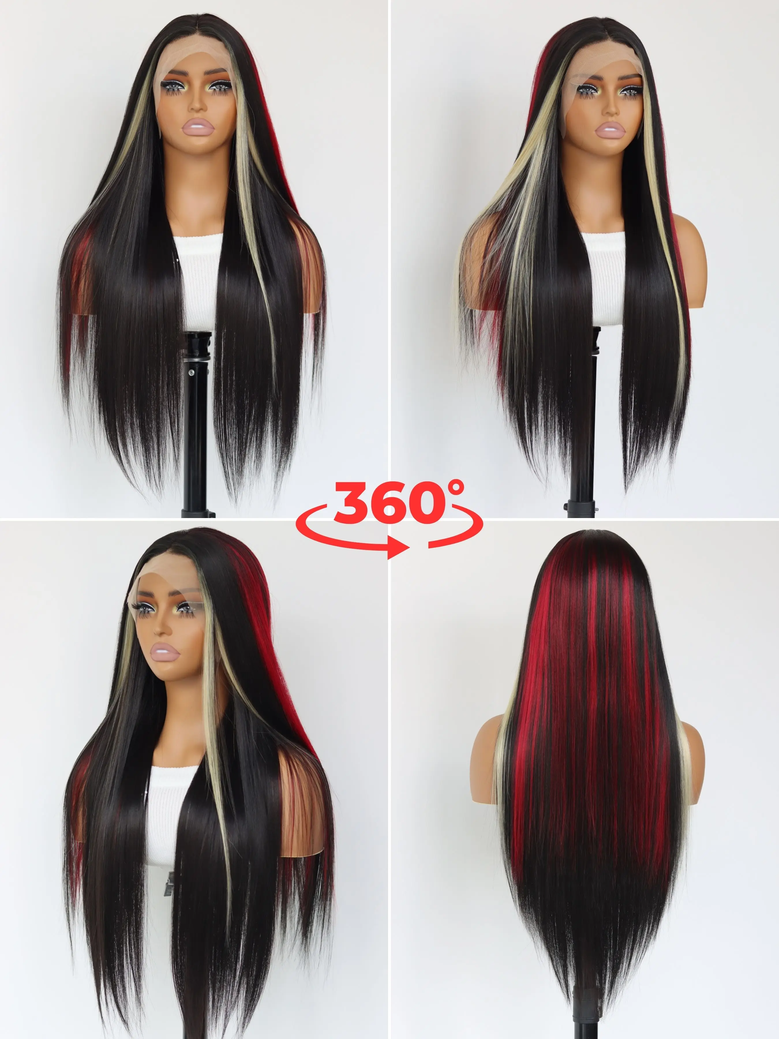 Black Skunk Stripe Blonde Highlight Red Synthetic Lace Front Wig Glueless Long Straight Mixed Red Black Colored Wigs