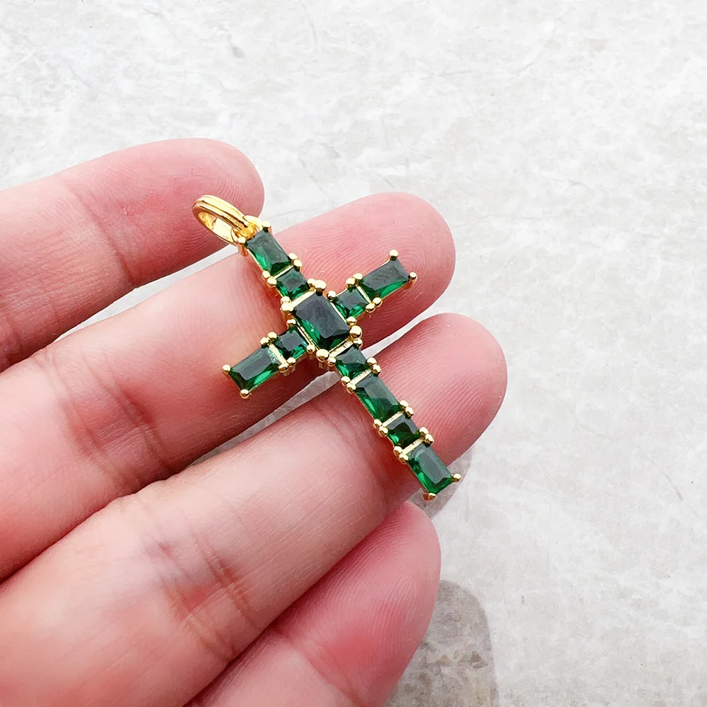 Pendant Necklace Silver Pendant Gold Plated Cross Green Stones