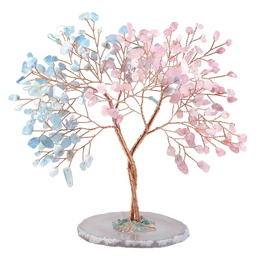 Handmade Rose Quartz & Aquamarine Crystal Tree With Agate Slice Base Lucky Money Tree For Wealth Feng Shui Home Decor