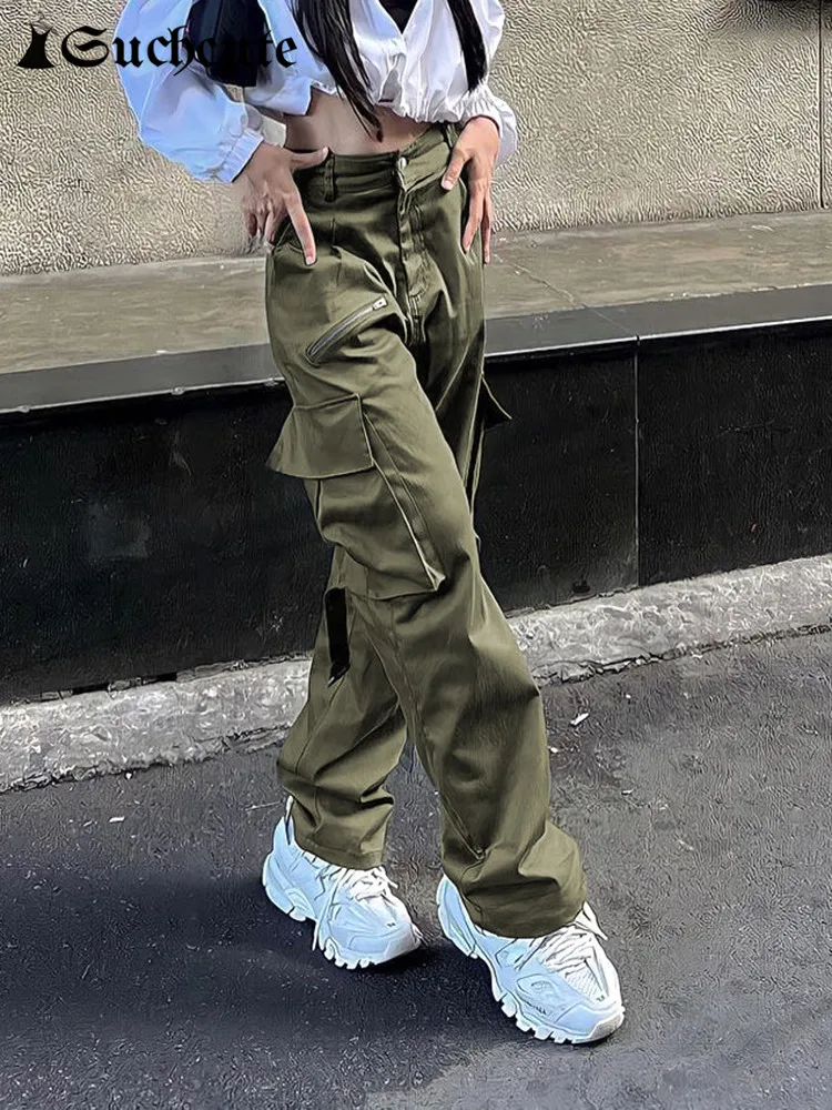 

SUCHCUTE Hip Hop Soild Cargo Pants Women Gothic Oversize Low Rise Harajuku Trousers Korean Streetwear Alt Pocket Up Baggy Pant