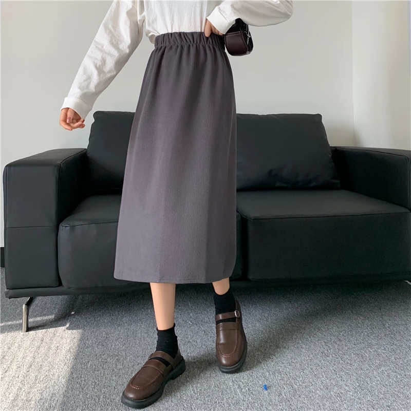 Vintage Corduroy Midi Skirt Elastic High Waist Solid Korean Daily Autumn Straight Skirt Women New Winter Casual Fashion Skirt