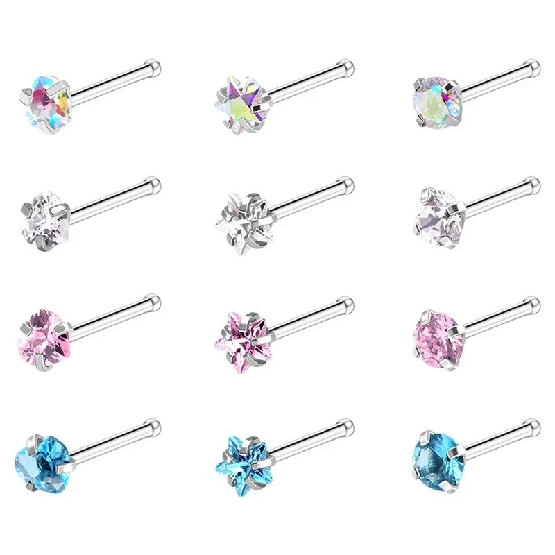 Stainless Steel Nose Stud Set Round Heart Star CZ Crystal Nose Piercings 3MM L Shape Nostril Piercing Jewelry 20g 3-12pcs/lot