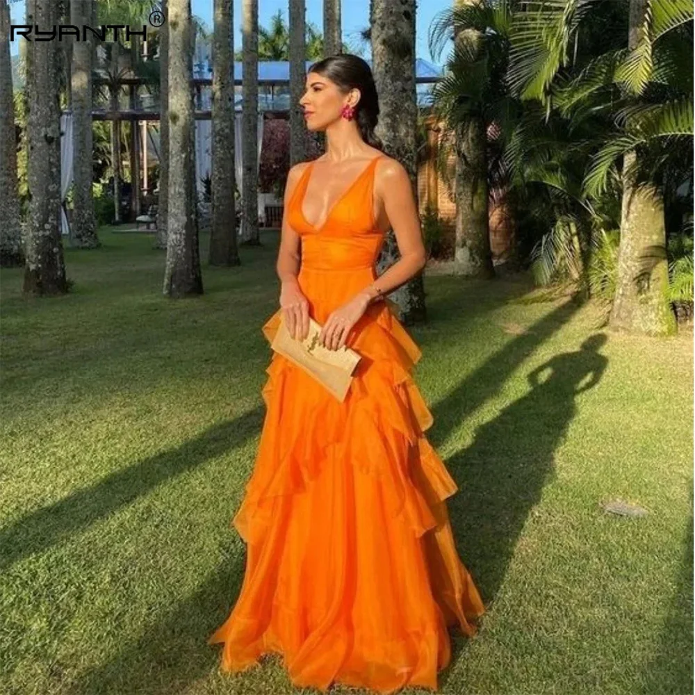 

Ryanth Sexy V-neck Prom Dressess A-Line Tiered Cocktail Evening Dress Orange Ladies Formal Sleeveless Gown فساتين سهره فاخره