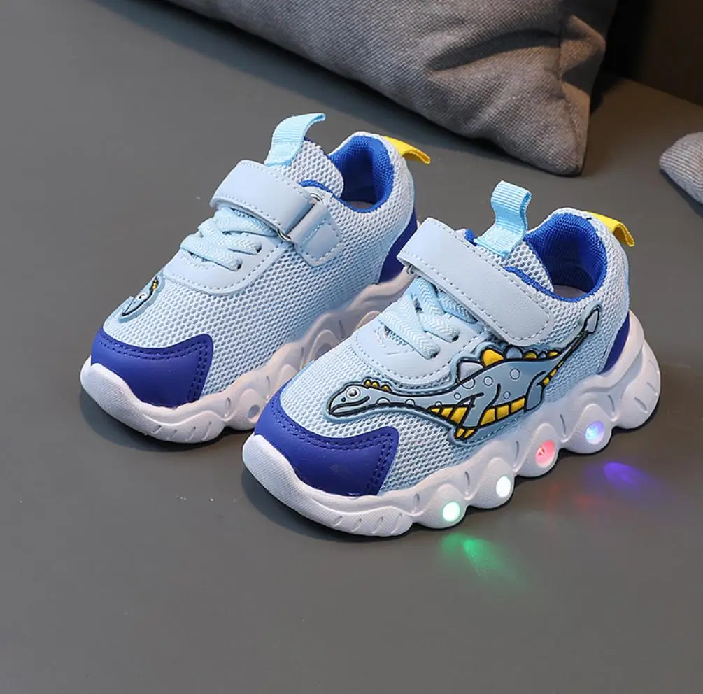 Toddler Baby Led Light Shoes Design Boys Girls Dinosaur Mesh Breathable Stretch Sport Running Sneakers Infant Walking Shoes