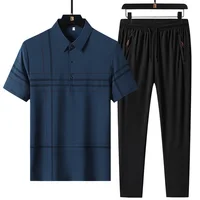 Simplicity Summer Ice Silk Men's POLO Collar Plaid Button Short Sleeve Tops Elastic Waist Drawstring Pocket Pants Motion Sets 1