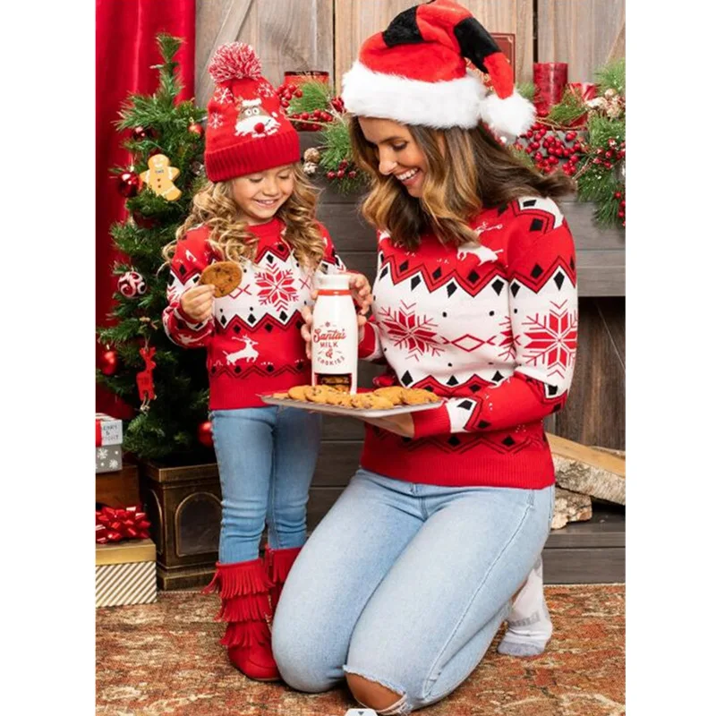 

NEW Childrens And Women Sweater Christmas Red Pullover Knitwear Korean Loose Top Sweater Autumn And Winter Lazy Wind Round Neck