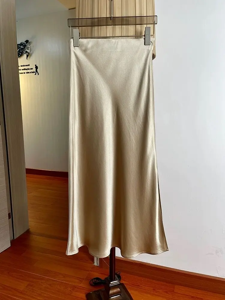 2024 spring Luxury Satin Midi Long Women's Skirt Elastic Waist Solid Color Split Skirt Casual Elegant Women Party A-Line Skirts 3