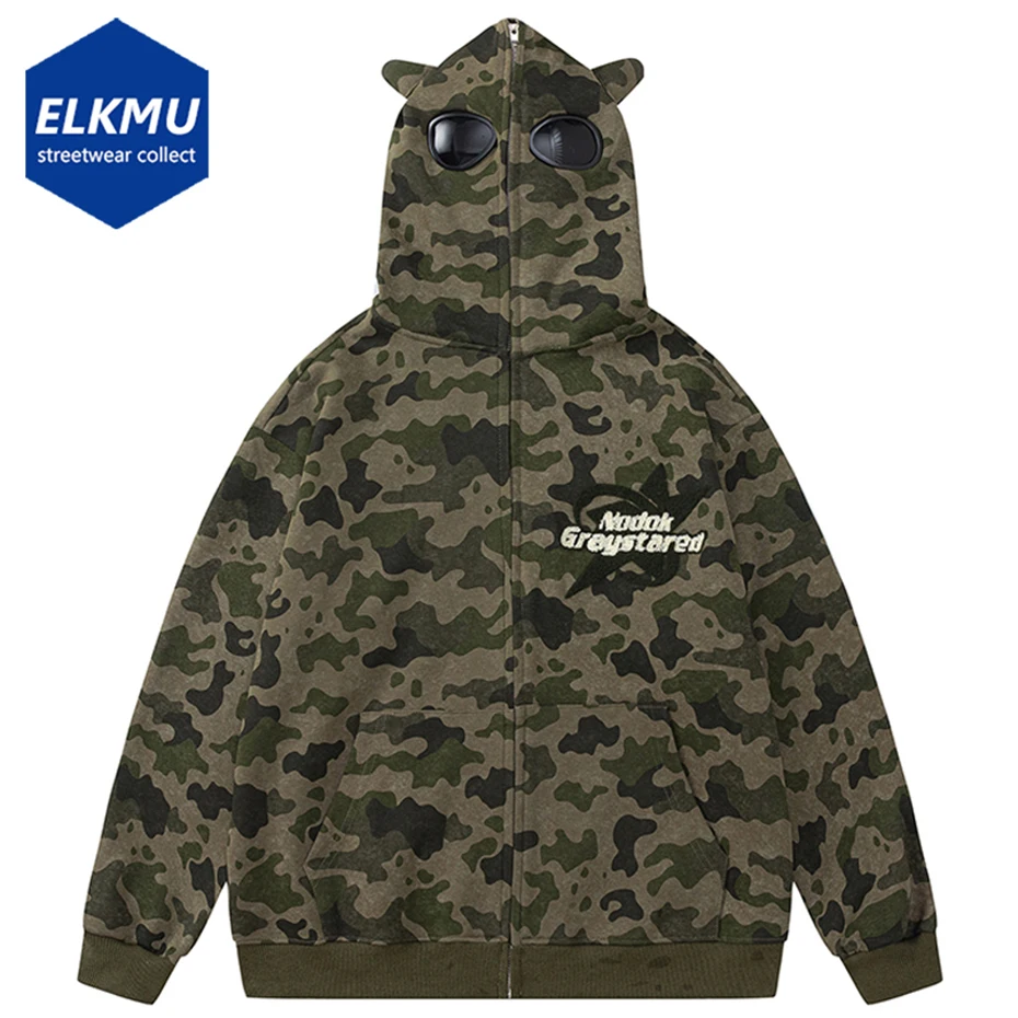 

Camouflage Sunglasses Hoodie with Ear Men Full Zip Windproof Coat Star Splicing Streetwear Harajuku Hip Hop Y2K Oversized Hoodie
