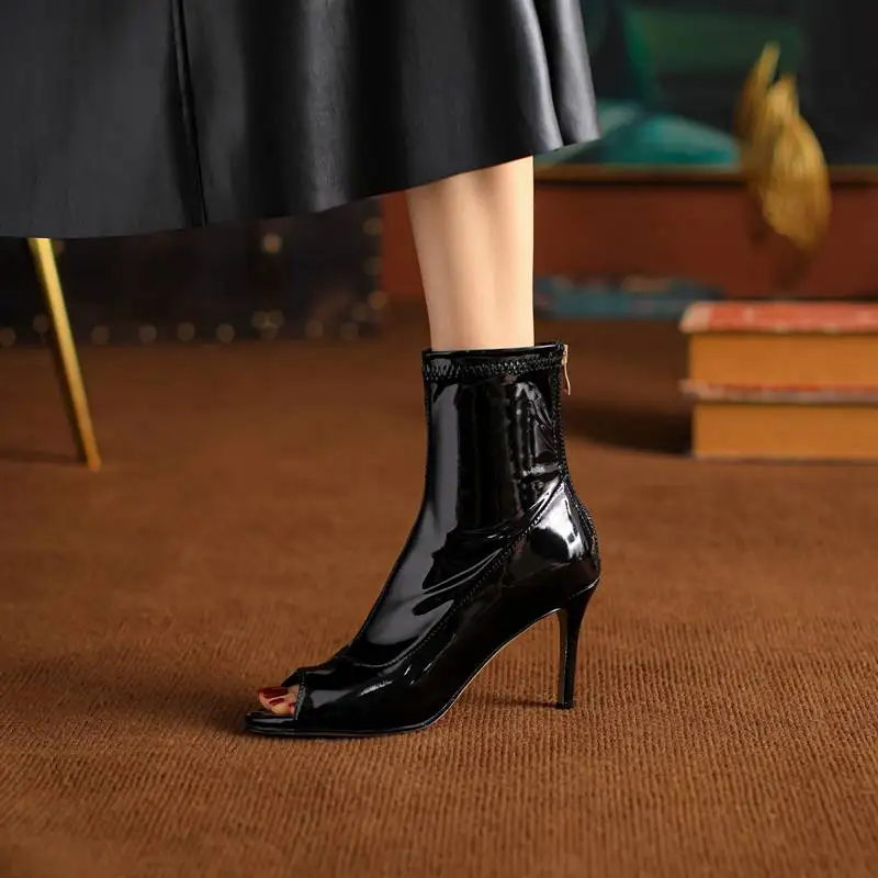 

SIMLOVEYO Spring Women's Boots Shaft 13.5cm Peep Toe Thin Heels 7.5cm Zipper Plus Size 33-44 Fashion Mid Calf Boots Party S4188