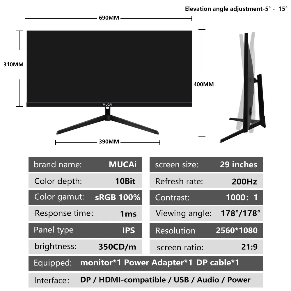 MUCAI 29 ġ  200Hz ̵ ÷ 21:9 IPS WFHD ũž LED ̸ ǻ ȭ,  ƴ DP/2560*1080