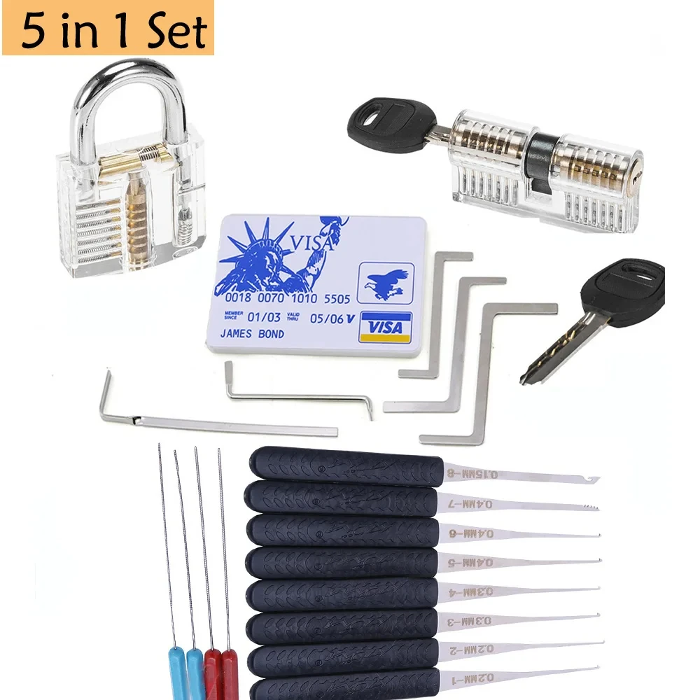 Locksmith Pick Training Kit 5 IN 1 with 2pcs Transparent Locks Broken Key Remover Tension Wrench