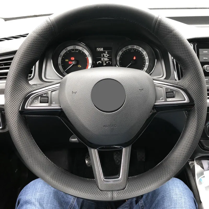 

Чехол рулевого колеса автомобиля для Skoda Octavia Superb Fabia Citigo Roomster 2013-2019 Rapid Karoq Kodiaq, черная перфорированная кожа