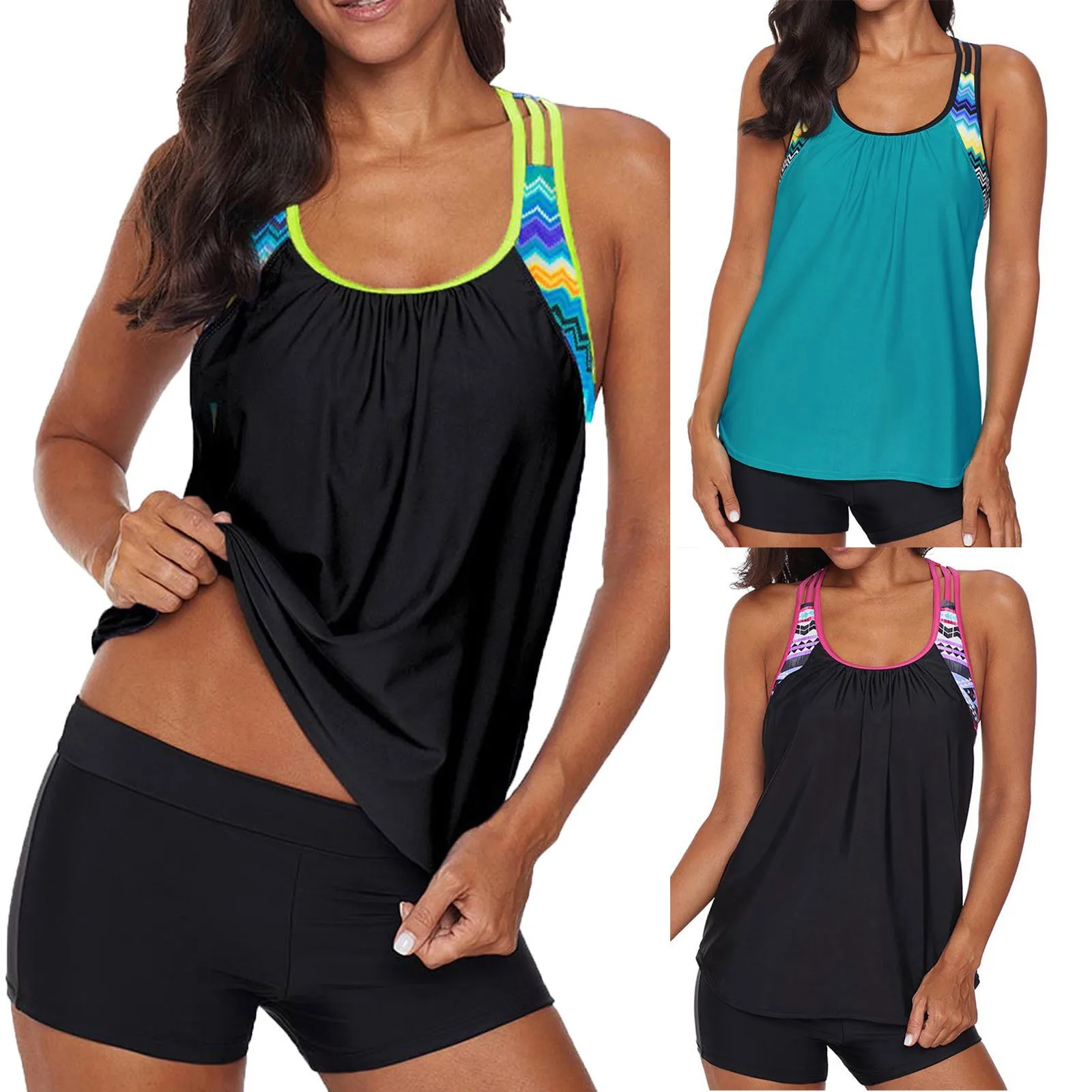 Swimwear Women Black Tankini Tummy Control Swimwear Tank Top Retro