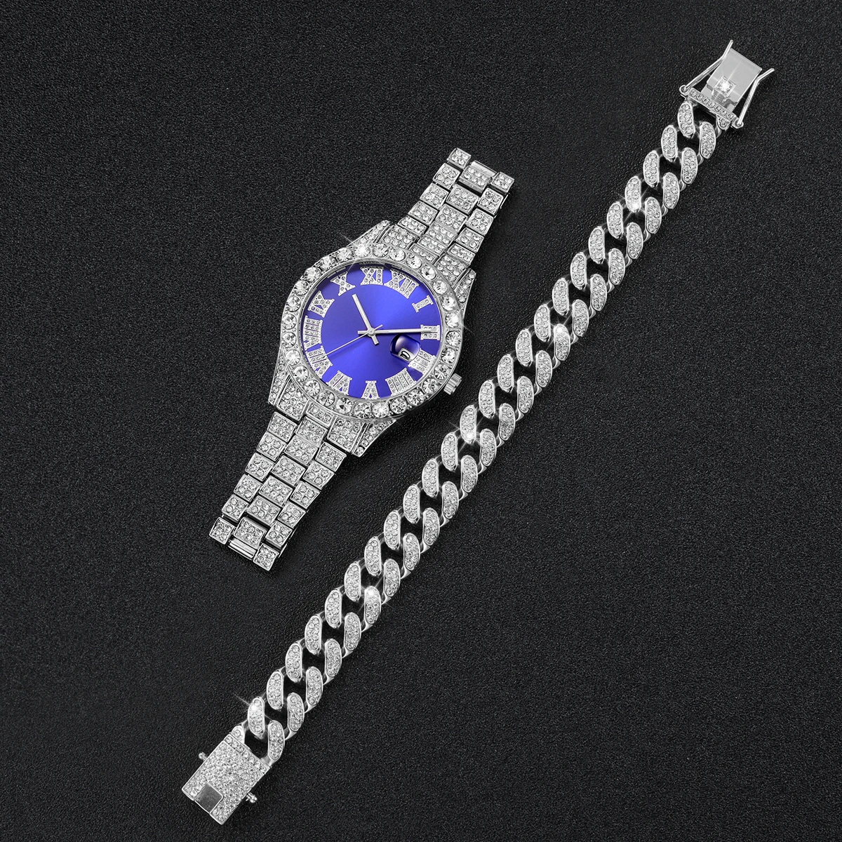 2PCs/Set Men's Fashion Watch Men's Luxury Diamond studded Steel Belt Quartz Watch with Necklace Set