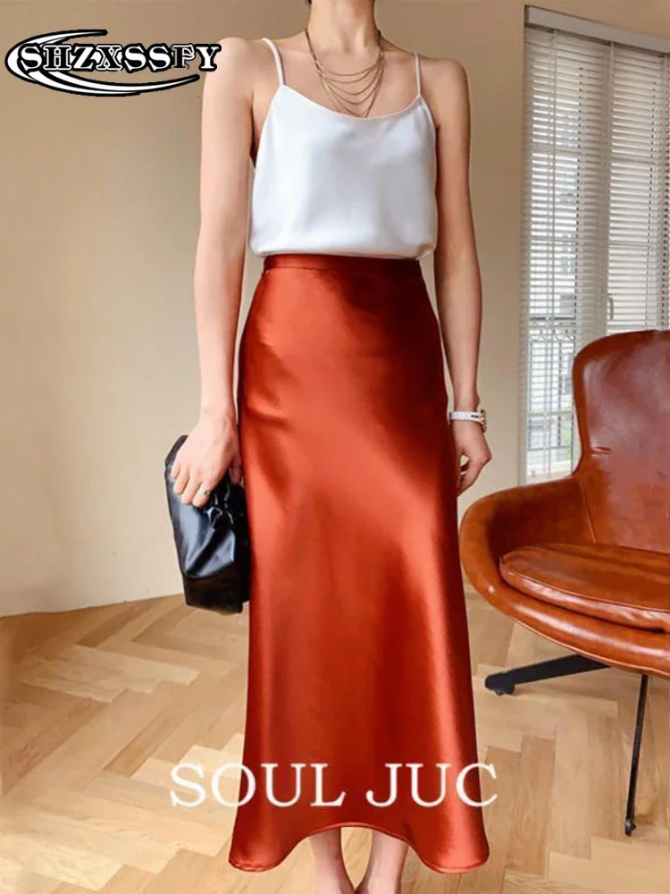 여성용 실크 새틴 솔리드 하이 웨이스트 스커트, 한국 패션 의류, 올 매치 신상 루즈 우아한 여성 스커트