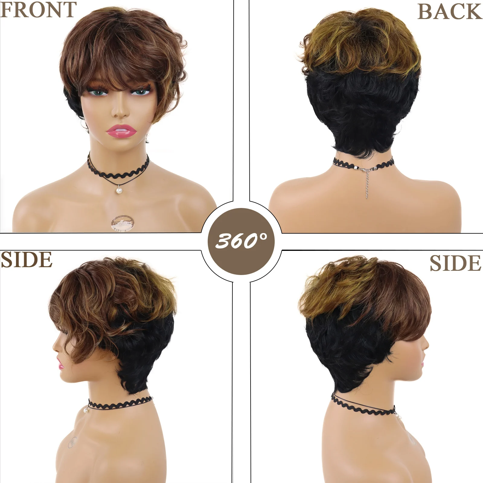 브라운 블론드 혼합 블랙 합성 가발 짧은 레이어드 가발(여성용 앞머리 포함) 여성용 코스프레 데일리 팬시 카니발 파티 의상