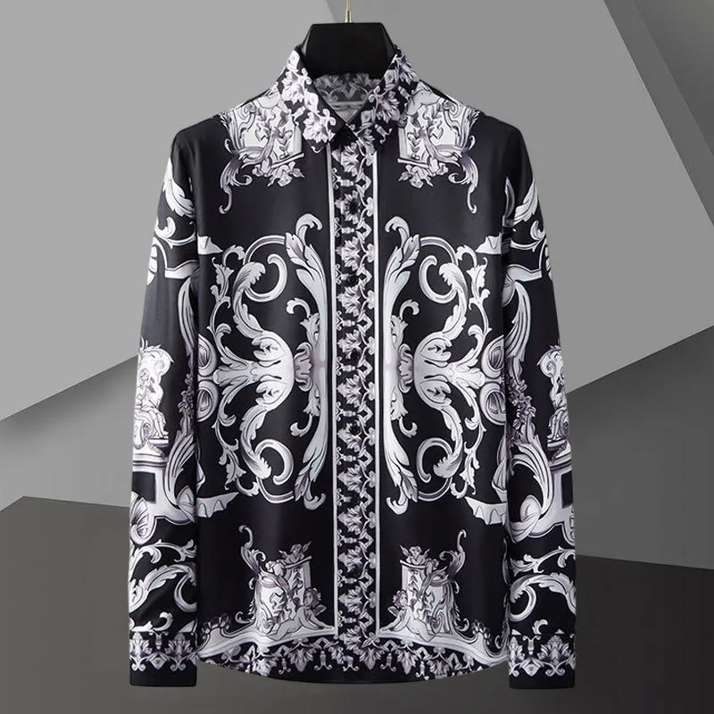 

Luxury European Palace Print Men Shirt Long Sleeve Slim Men Shirt Black White Contrast Party Dinner Social Club Formal Dress