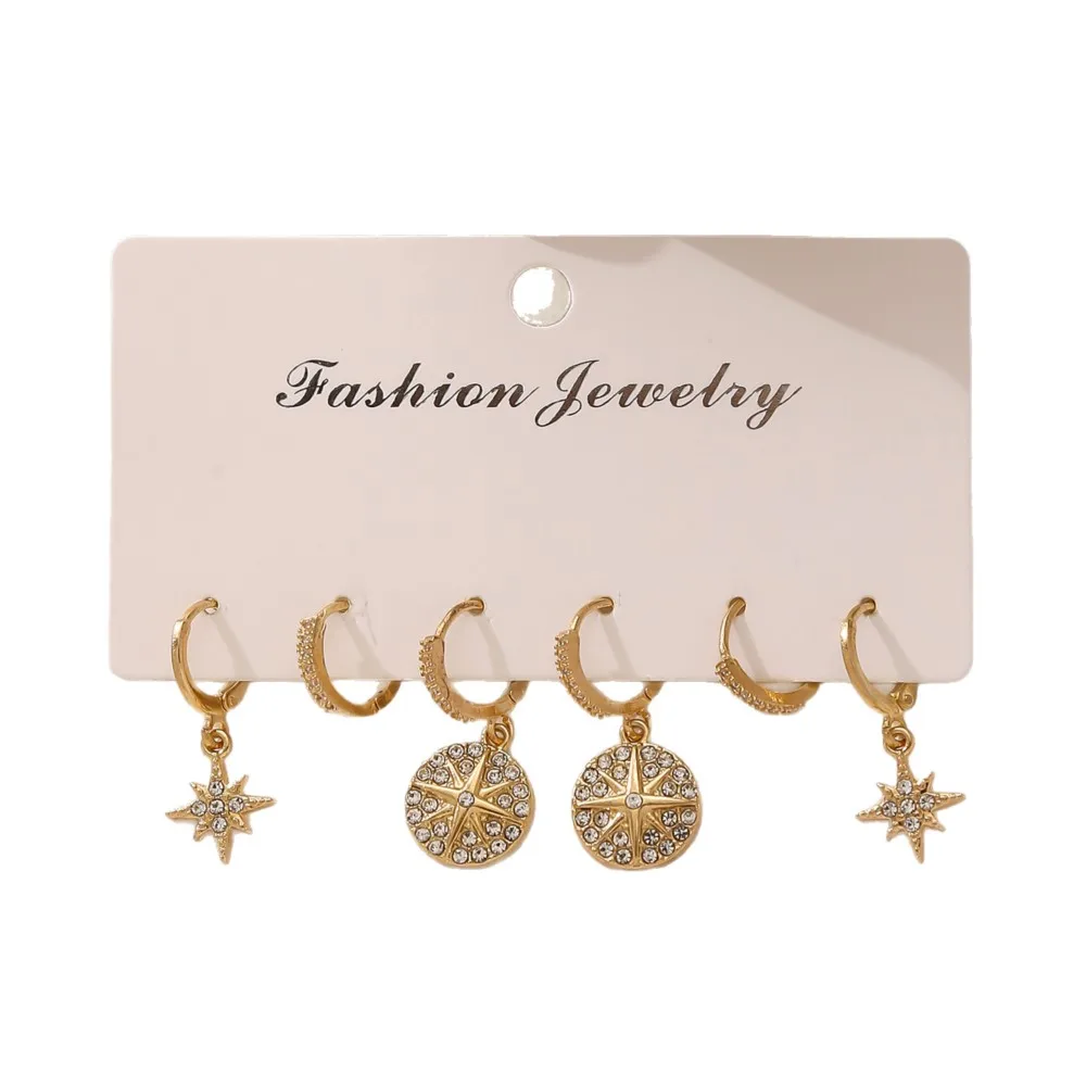 3 Pairs/Set Golden Star Design Shiny Rhinestone Inlaid Dangle Earring for Women Eleagnt Luxury Female Jewelry Gifts