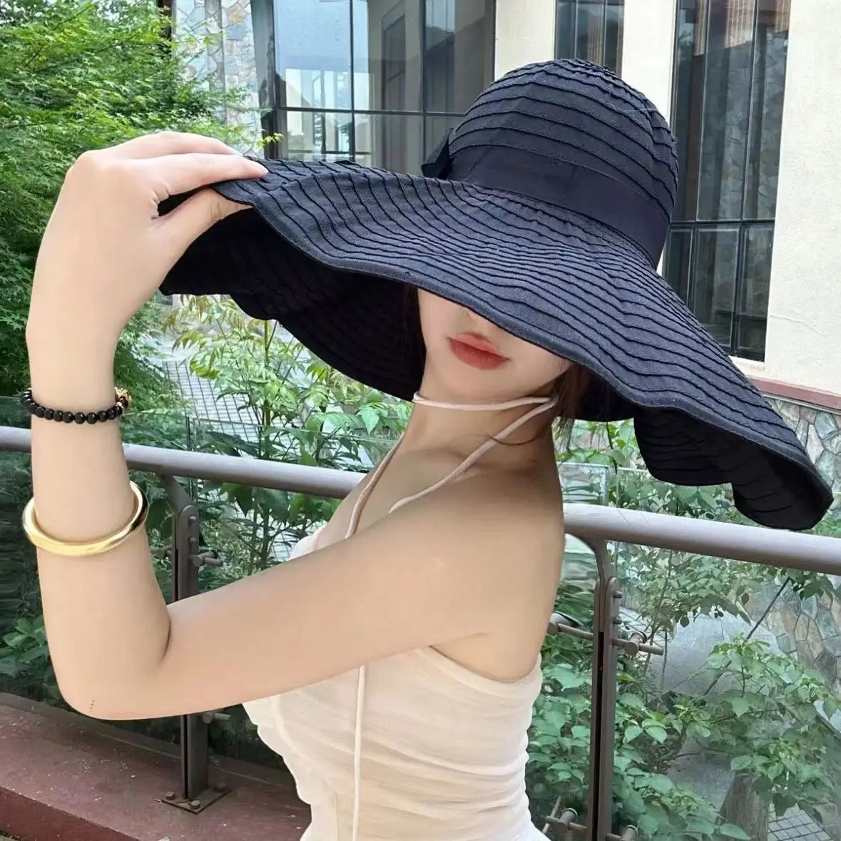Summer Fashion Foldable Sun Hat Face Protection Fisherman Hat Bow Large Brim Outdoor