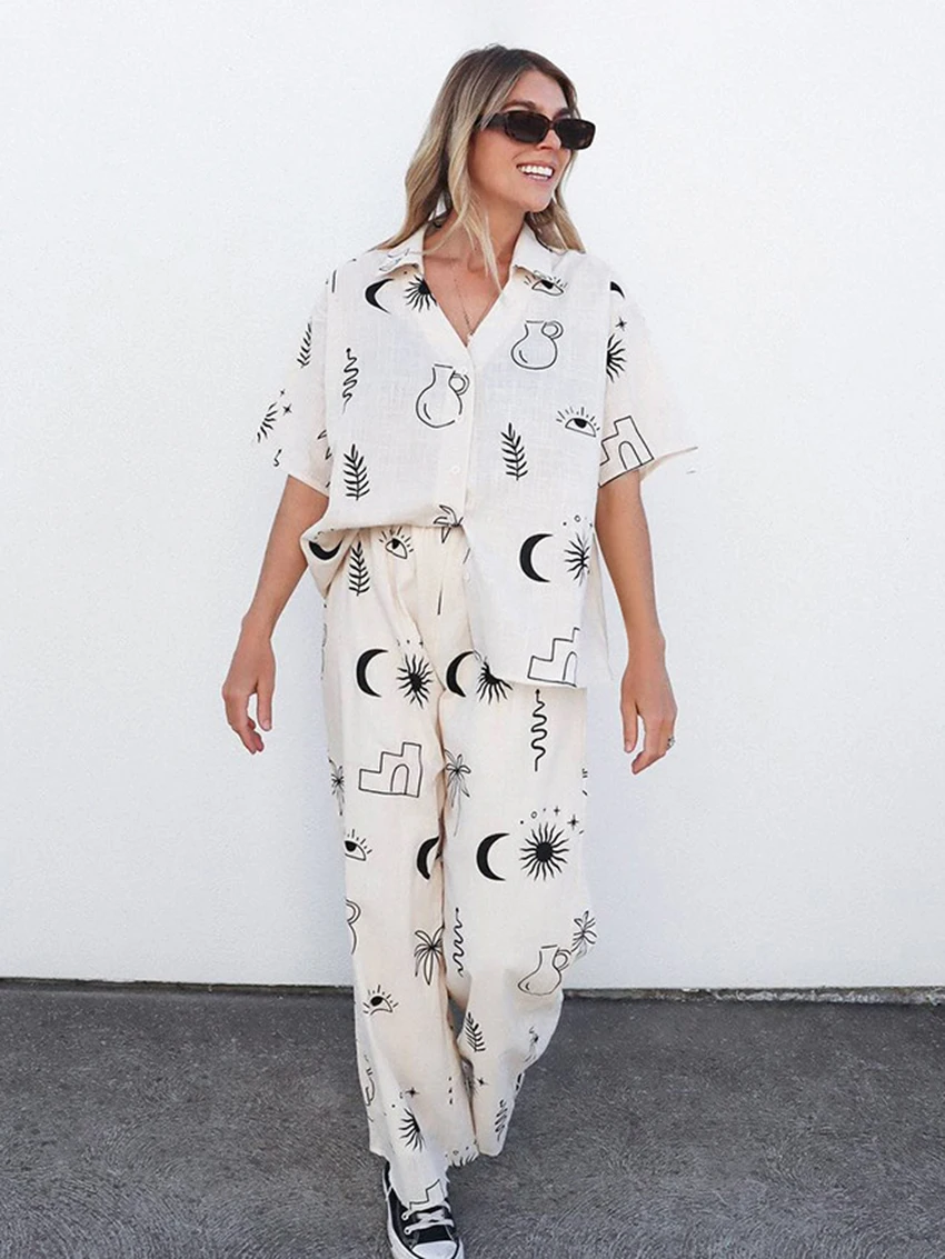 Marthaqiqi Summer Home Clothes Women Turn-Down Collar Sleepwear Half Sleeve Nightgown Pants Casual Ladies Nightwear 2 Piece Suit