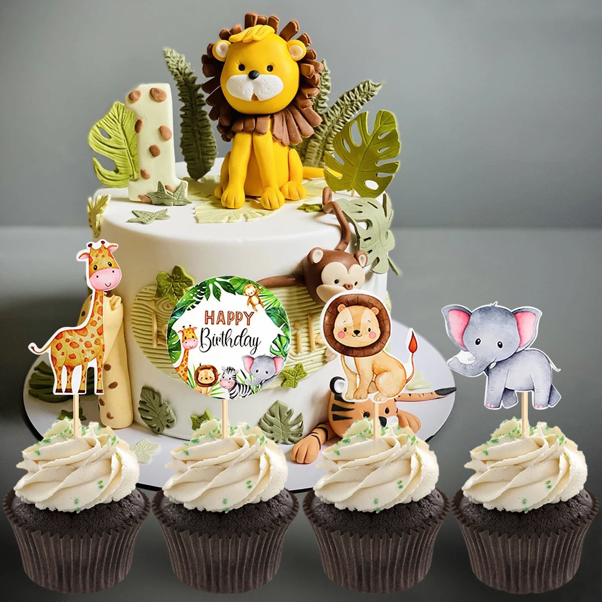 24Pcs Décoration de Gâteau Animaux Jungle Cake Topper Animal Cupcake Toppers pour Mignons Thème Parti Fournitures Fête Prénatale Anniversaire
