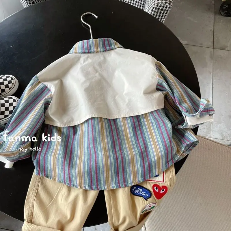 Toddler Boys Spring Autumn Striped Shirt New Children's Fake Two Piece PATCHWORK Top Baby Summer Shirt Children's Clothing