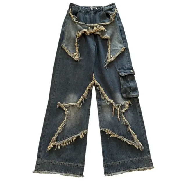 Jean Vintage américain délavé à cinq points pour femmes, ourlet effiloché, Niche de rue, pantalon Long surdimensionné à jambes droites, nouvelle collection 5