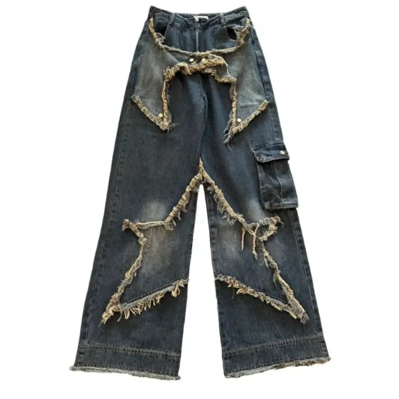New American Vintage Washed Five-Point Star Frayed Hem Jeans for Women High Street Niche Oversized Straight Leg Long Pants 5
