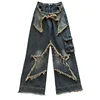 New American Vintage Washed Five-Point Star Frayed Hem Jeans for Women High Street Niche Oversized Straight Leg Long Pants 5